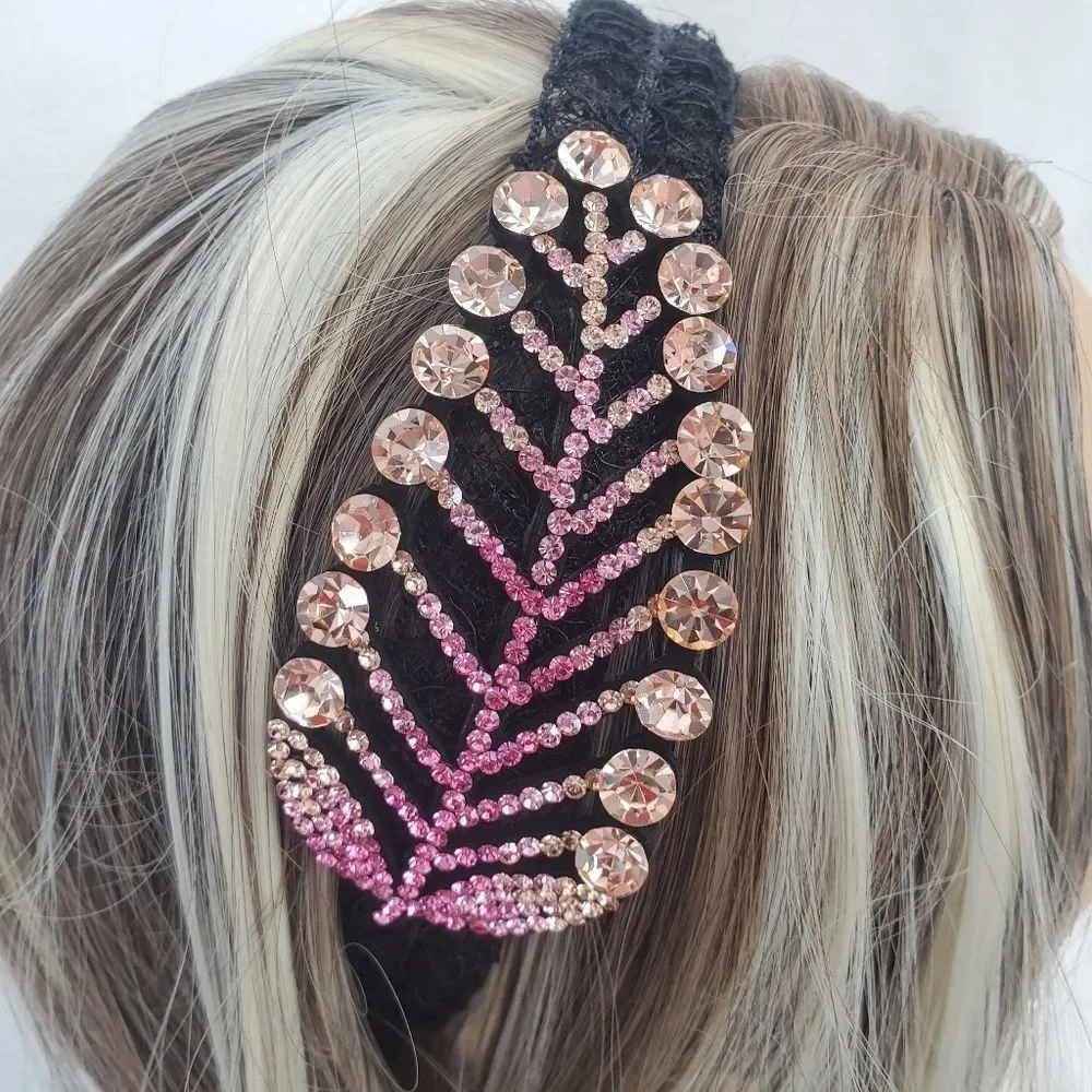 Champagne Pink Crystals Leaf Black Lace Hairband